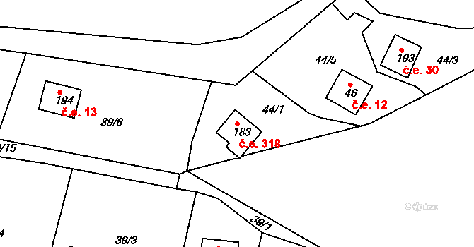 Lipno 318, Líšťany na parcele st. 183 v KÚ Těchoděly, Katastrální mapa