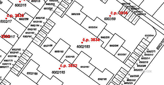 Znojmo 3834 na parcele st. 6002/185 v KÚ Znojmo-město, Katastrální mapa