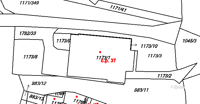 Hlohovec 37 na parcele st. 1173/1 v KÚ Hlohovec, Katastrální mapa
