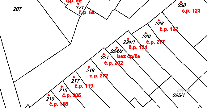 Hrušky 202 na parcele st. 221 v KÚ Hrušky, Katastrální mapa
