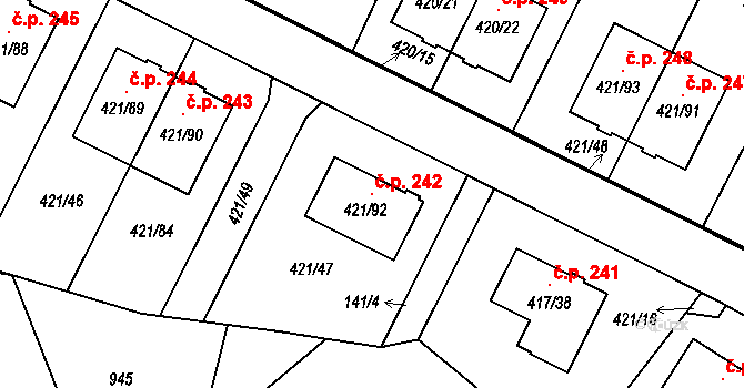 Hosín 242 na parcele st. 421/92 v KÚ Hosín, Katastrální mapa