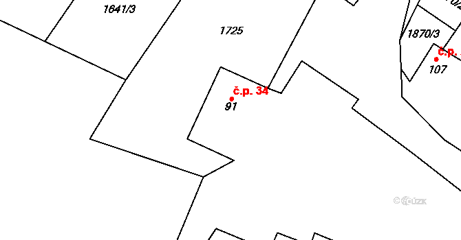 Nesměřice 34, Zruč nad Sázavou na parcele st. 91 v KÚ Nesměřice, Katastrální mapa