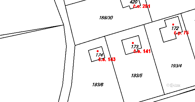 Hostěradice 143, Kamenný Přívoz na parcele st. 174 v KÚ Hostěradice, Katastrální mapa