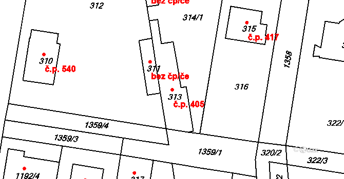 Tuchlovice 405 na parcele st. 313 v KÚ Tuchlovice, Katastrální mapa
