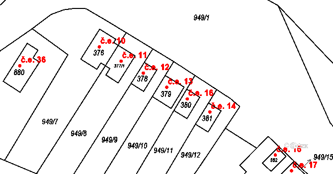 Brozany nad Ohří 13 na parcele st. 379 v KÚ Brozany nad Ohří, Katastrální mapa