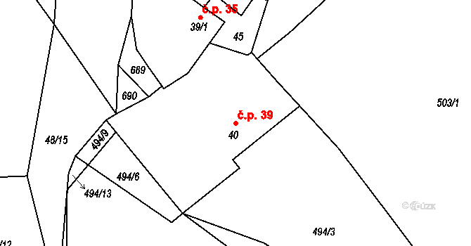 Střelskohoštická Lhota 39, Střelské Hoštice na parcele st. 40 v KÚ Střelskohoštická Lhota, Katastrální mapa