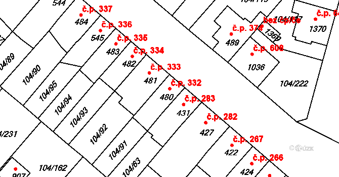 Podklášteří 332, Třebíč na parcele st. 480 v KÚ Podklášteří, Katastrální mapa