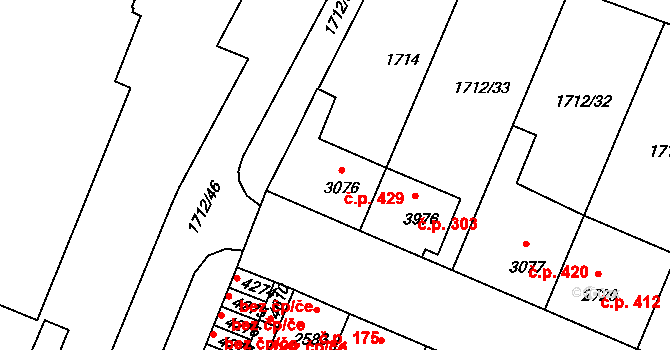 Nové Dvory 429, Třebíč na parcele st. 3076 v KÚ Třebíč, Katastrální mapa