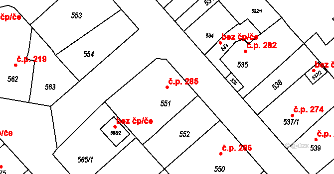 Starý Bohumín 285, Bohumín na parcele st. 551 v KÚ Starý Bohumín, Katastrální mapa