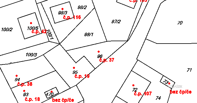 Hořín 37 na parcele st. 96 v KÚ Hořín, Katastrální mapa