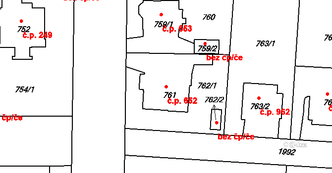 Podolí 652, Praha na parcele st. 761 v KÚ Podolí, Katastrální mapa