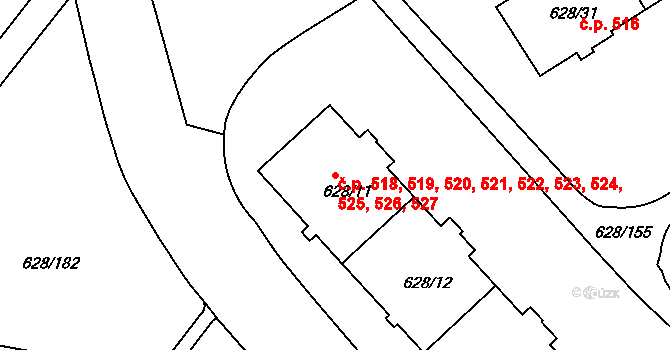 Prosek 518,519,520,521,522,, Praha na parcele st. 628/11 v KÚ Prosek, Katastrální mapa