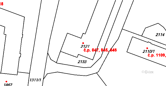Kuřim 845,846,847 na parcele st. 2121 v KÚ Kuřim, Katastrální mapa
