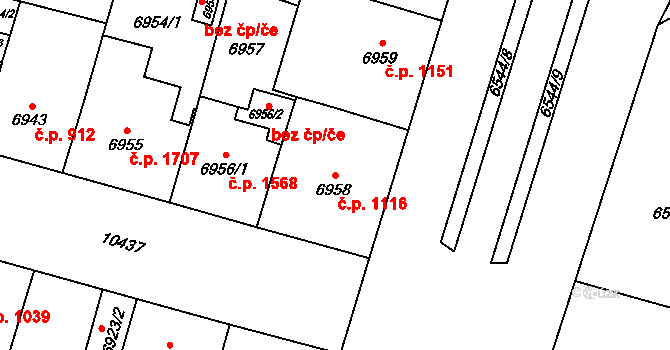 Jižní Předměstí 1116, Plzeň na parcele st. 6958 v KÚ Plzeň, Katastrální mapa