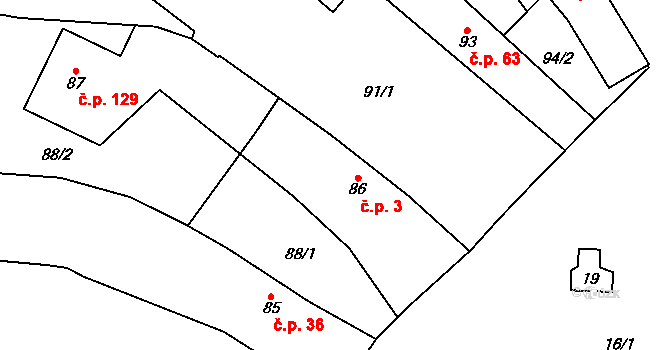 Kamenný Újezd 3, Nýřany na parcele st. 86 v KÚ Kamenný Újezd u Nýřan, Katastrální mapa