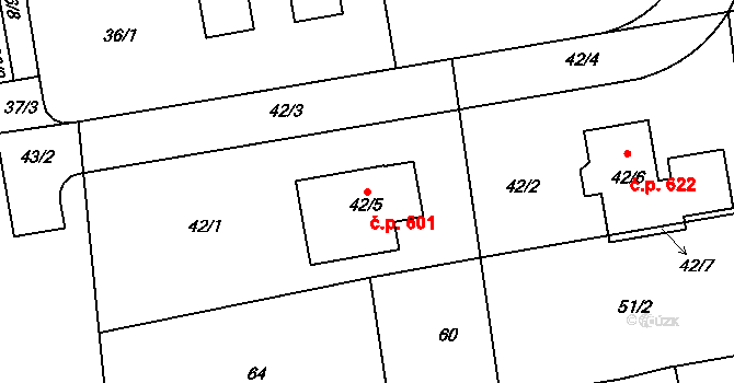 Štípa 601, Zlín na parcele st. 42/5 v KÚ Štípa, Katastrální mapa