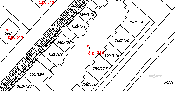 Mratín 314 na parcele st. 375 v KÚ Mratín, Katastrální mapa