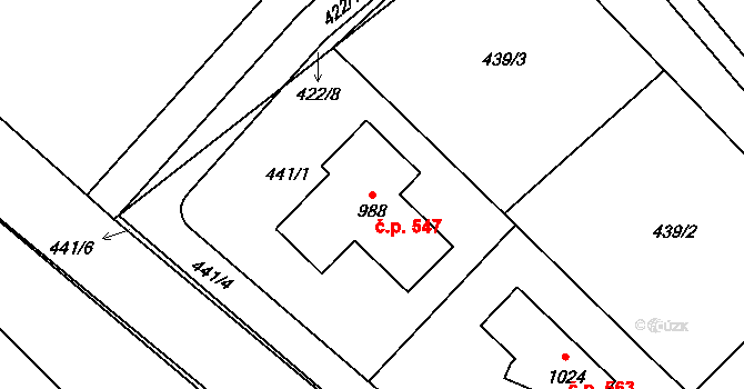 Sendražice 547, Kolín na parcele st. 988 v KÚ Sendražice u Kolína, Katastrální mapa