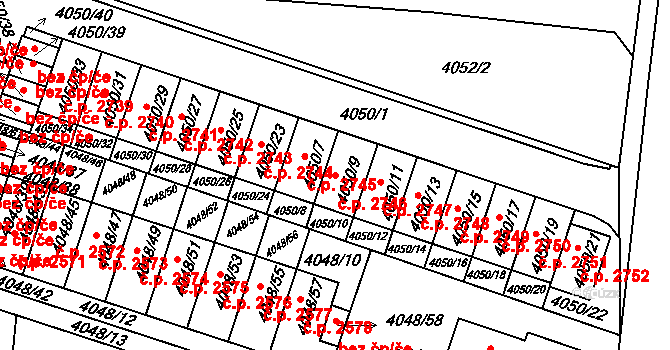 Horní Počernice 2746, Praha na parcele st. 4050/9 v KÚ Horní Počernice, Katastrální mapa