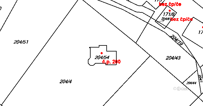 Provodín 200 na parcele st. 204/54 v KÚ Provodín, Katastrální mapa