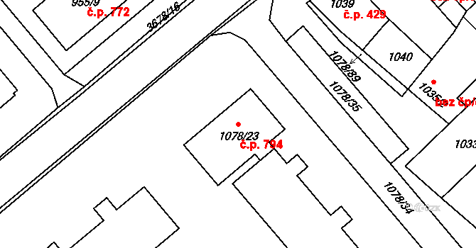 Vyškov-Předměstí 794, Vyškov na parcele st. 1078/23 v KÚ Vyškov, Katastrální mapa