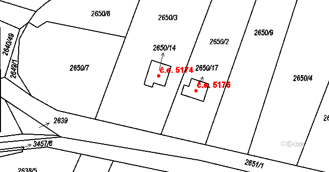 Pelhřimov 5174 na parcele st. 2650/14 v KÚ Pelhřimov, Katastrální mapa