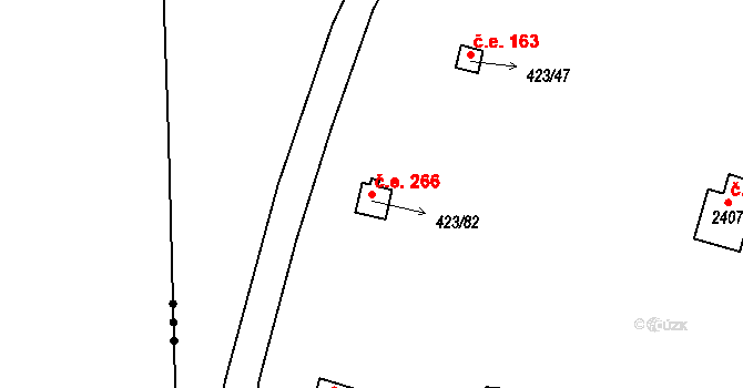 Hradištko 266 na parcele st. 423/82 v KÚ Hradištko pod Medníkem, Katastrální mapa