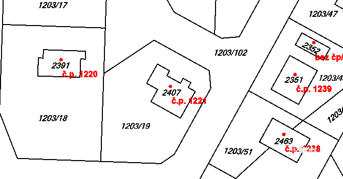 Dobřany 1221 na parcele st. 2407 v KÚ Dobřany, Katastrální mapa