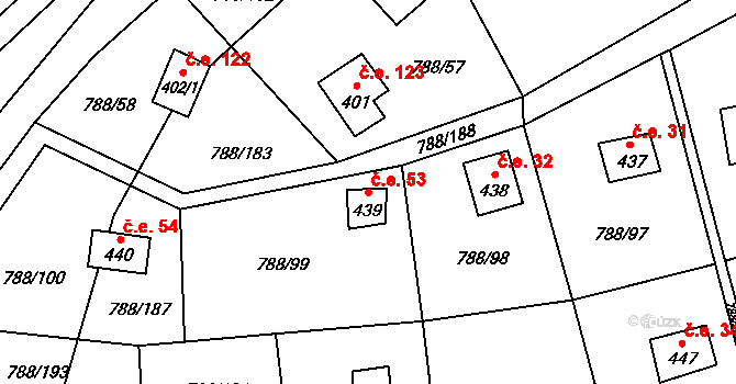 Nučice 53 na parcele st. 439 v KÚ Nučice u Rudné, Katastrální mapa