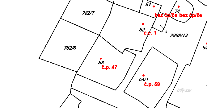 Čejkovy 47, Hrádek na parcele st. 53 v KÚ Čejkovy, Katastrální mapa
