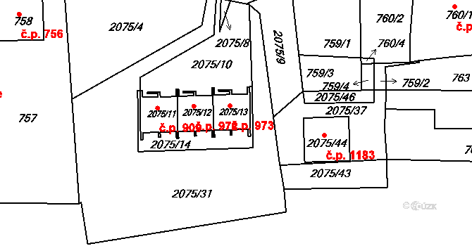 Třemošná 973 na parcele st. 2075/13 v KÚ Třemošná, Katastrální mapa