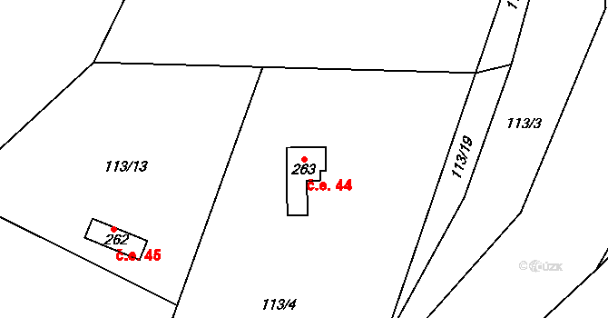 Zvíkovec 44 na parcele st. 263 v KÚ Zvíkovec, Katastrální mapa