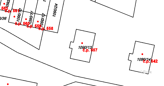 Kamenice nad Lipou 557 na parcele st. 1090/13 v KÚ Kamenice nad Lipou, Katastrální mapa