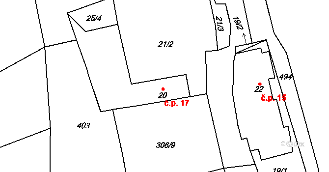 Chouzovy 17, Chválenice na parcele st. 20 v KÚ Chouzovy, Katastrální mapa