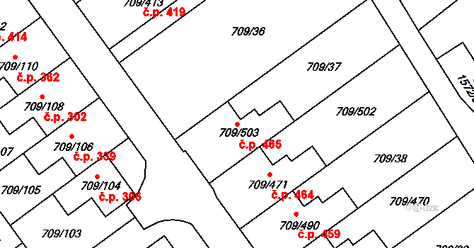 Popůvky 465 na parcele st. 709/503 v KÚ Popůvky u Brna, Katastrální mapa