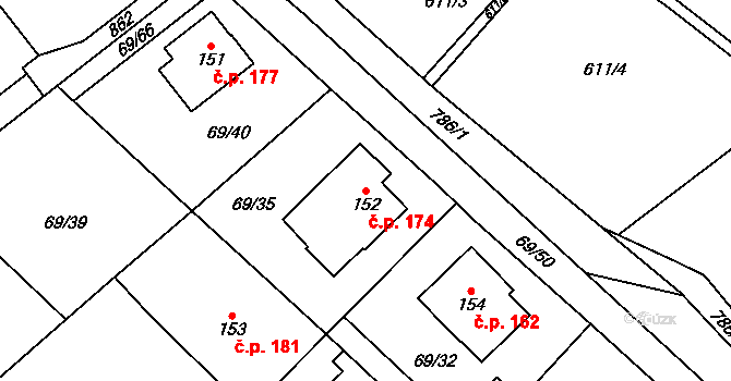 Dolní Radechová 174 na parcele st. 152 v KÚ Dolní Radechová, Katastrální mapa