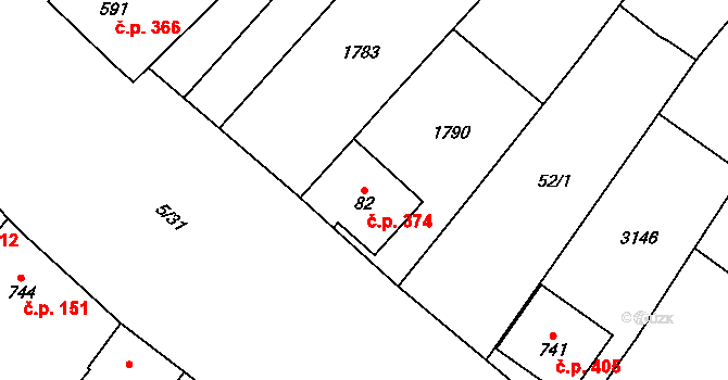 Popice 374 na parcele st. 82 v KÚ Popice, Katastrální mapa