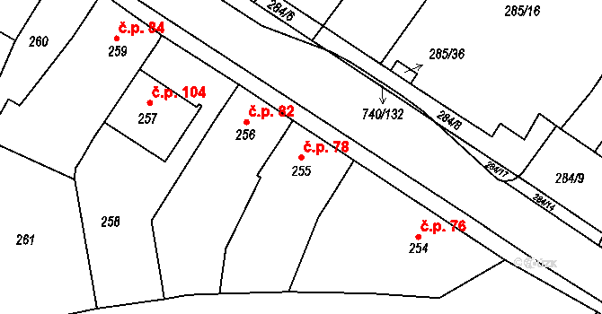 Tetětice 78, Počenice-Tetětice na parcele st. 255 v KÚ Tetětice, Katastrální mapa