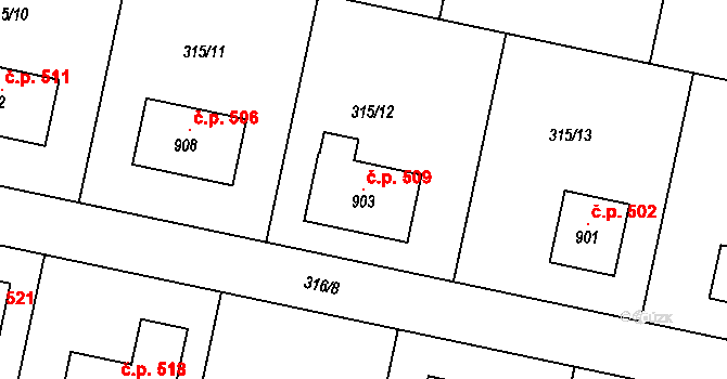 Červené Pečky 509 na parcele st. 903 v KÚ Červené Pečky, Katastrální mapa