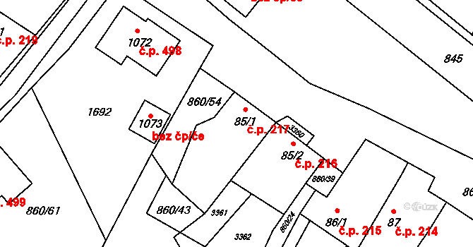 Božice 217 na parcele st. 85/1 v KÚ České Křídlovice, Katastrální mapa
