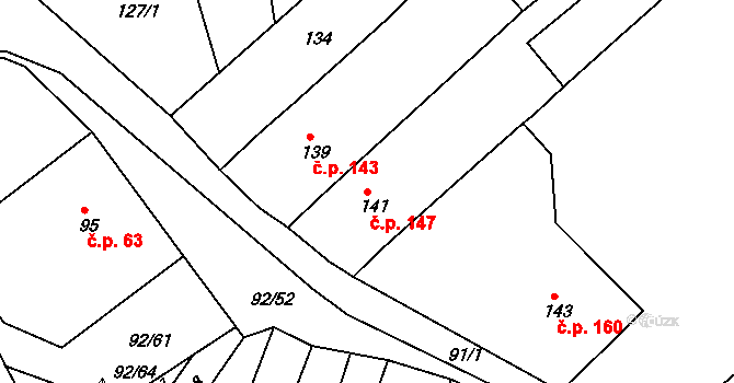 Dobšice 147 na parcele st. 141 v KÚ Dobšice u Znojma, Katastrální mapa