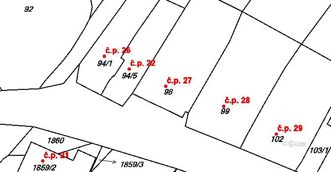 Popice 27, Znojmo na parcele st. 98 v KÚ Popice u Znojma, Katastrální mapa