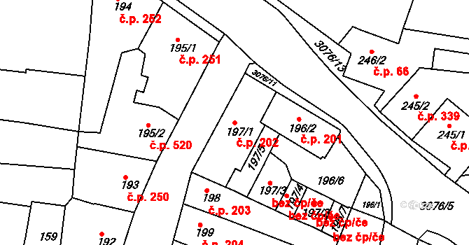 Toužim 202 na parcele st. 197/1 v KÚ Toužim, Katastrální mapa