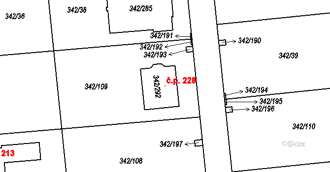 Trubín 228 na parcele st. 342/292 v KÚ Trubín, Katastrální mapa