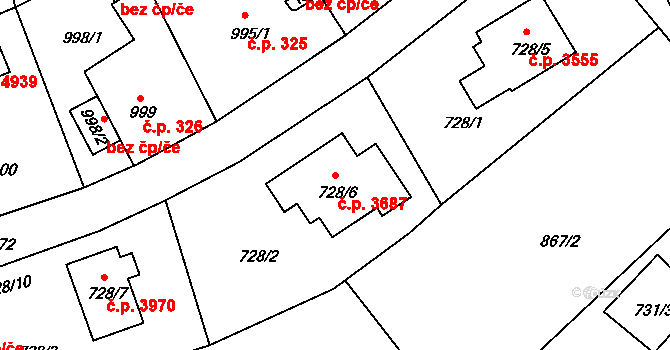 Mšeno nad Nisou 3687, Jablonec nad Nisou na parcele st. 728/6 v KÚ Mšeno nad Nisou, Katastrální mapa