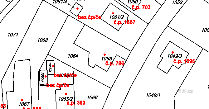Roztoky 786 na parcele st. 1063 v KÚ Roztoky u Prahy, Katastrální mapa