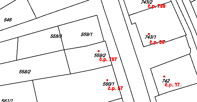 Šardice 757 na parcele st. 559/2 v KÚ Šardice, Katastrální mapa