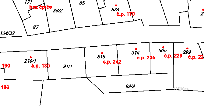 Žeravice 242 na parcele st. 319 v KÚ Žeravice u Kyjova, Katastrální mapa
