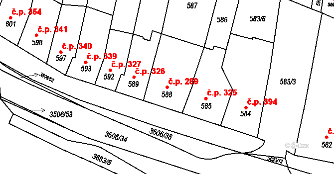 Vyškov-Předměstí 289, Vyškov na parcele st. 588 v KÚ Vyškov, Katastrální mapa