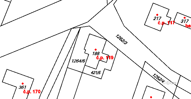 Lhotka 119 na parcele st. 198 v KÚ Lhotka u Frýdku-Místku, Katastrální mapa